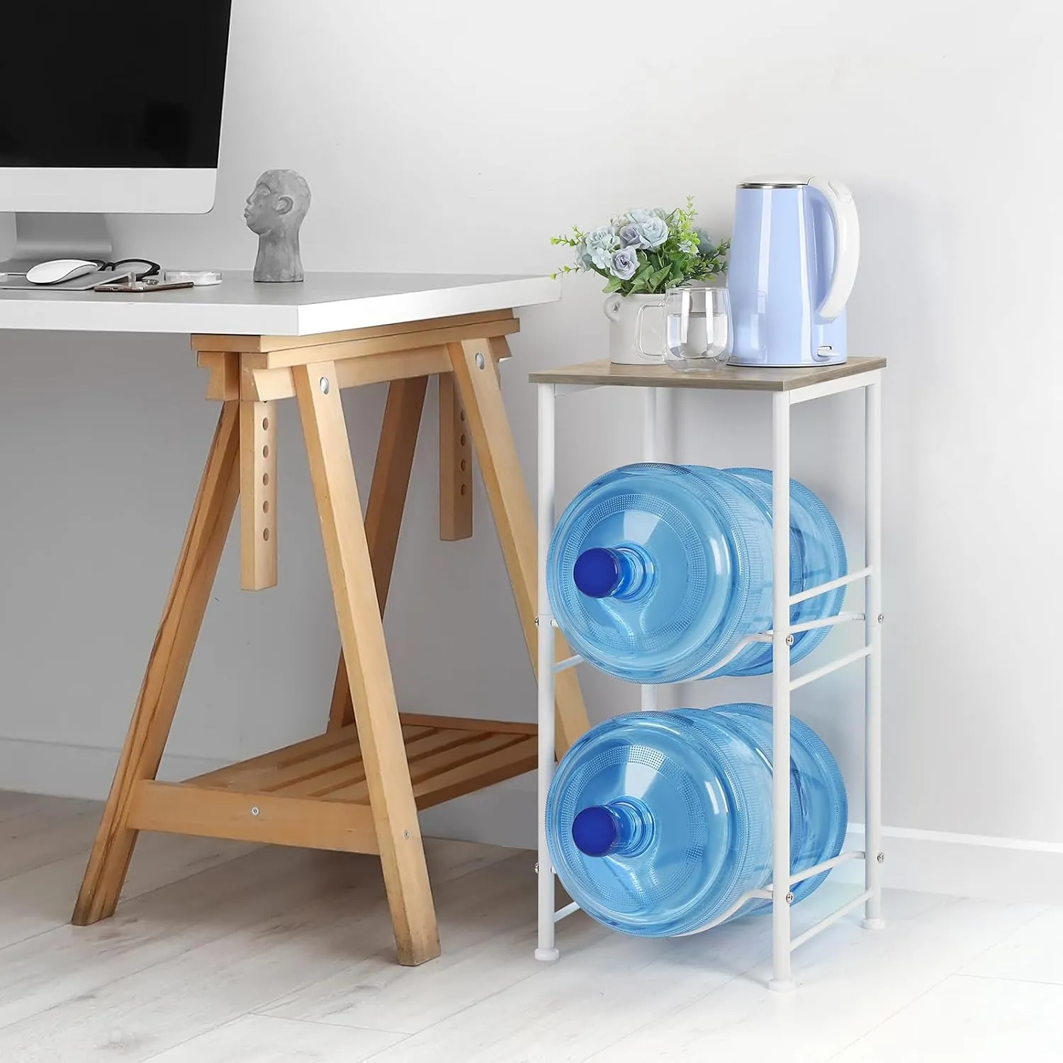Water Bottle Holder Organizer 5 Gallon Water Jug Holder with Top Shelves 2 Tier Water Cooler Jug Storage Rack Heavy Duty Water Dispenser Stand for 5 Gallon Bottle Kitchen Office Living Room Grey
