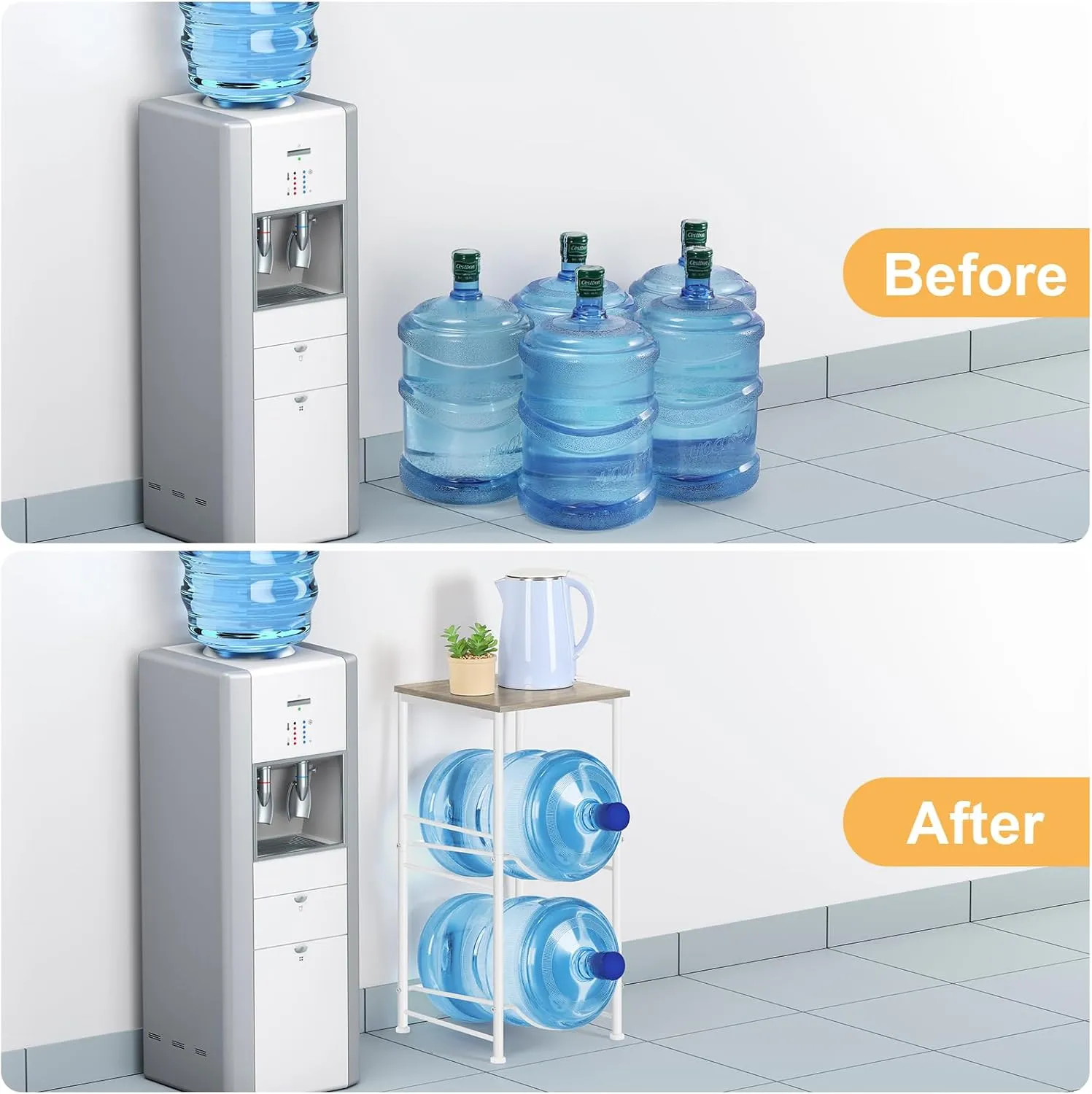 Water Bottle Holder Organizer 5 Gallon Water Jug Holder with Top Shelves 2 Tier Water Cooler Jug Storage Rack Heavy Duty Water Dispenser Stand for 5 Gallon Bottle Kitchen Office Living Room Grey