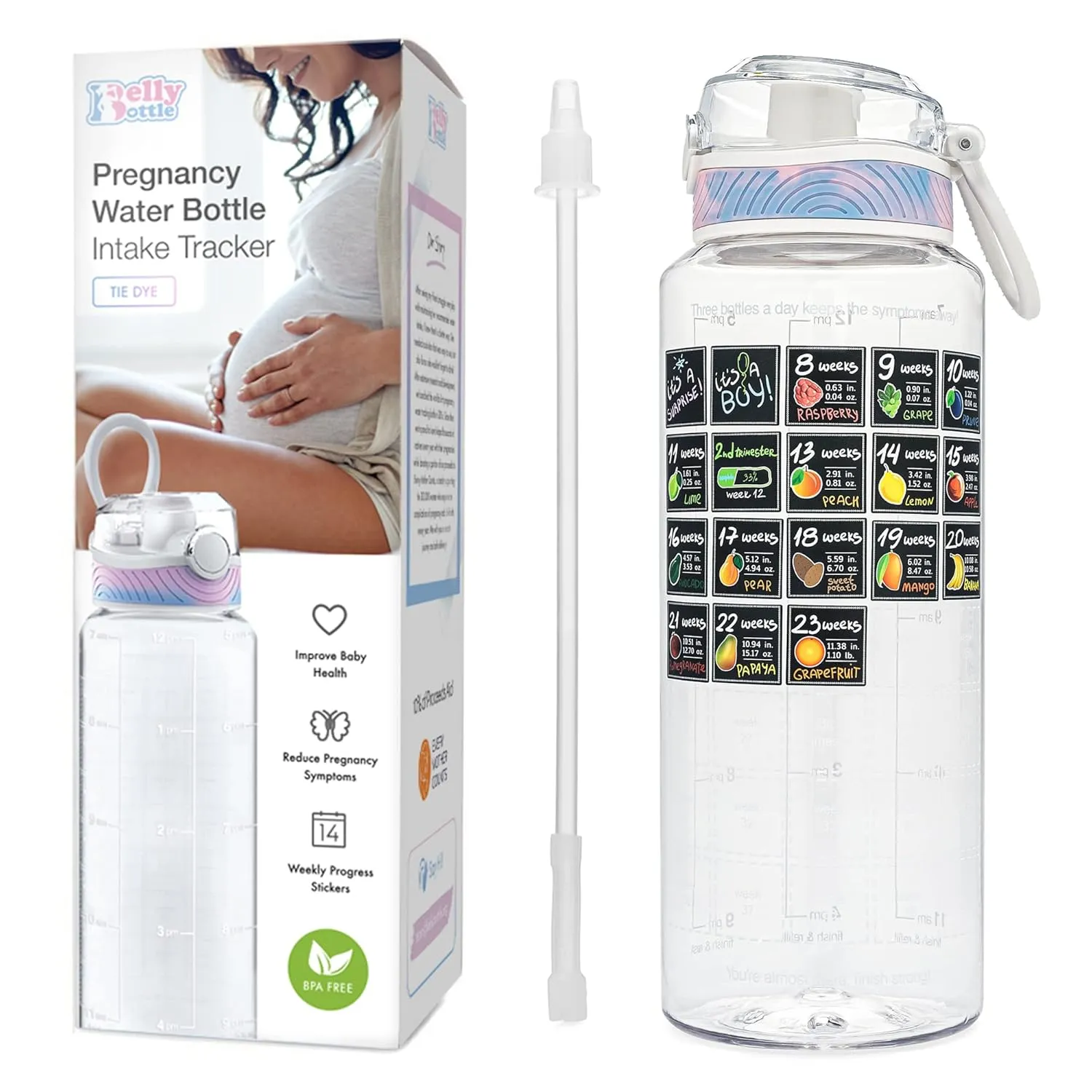 Water Bottle Tracker for Pregnancy – Must-Have First Trimester Essentials – Great Gifts for Expecting Moms – Nausea Relief – Weekly Stickers, Straw, BPA Free