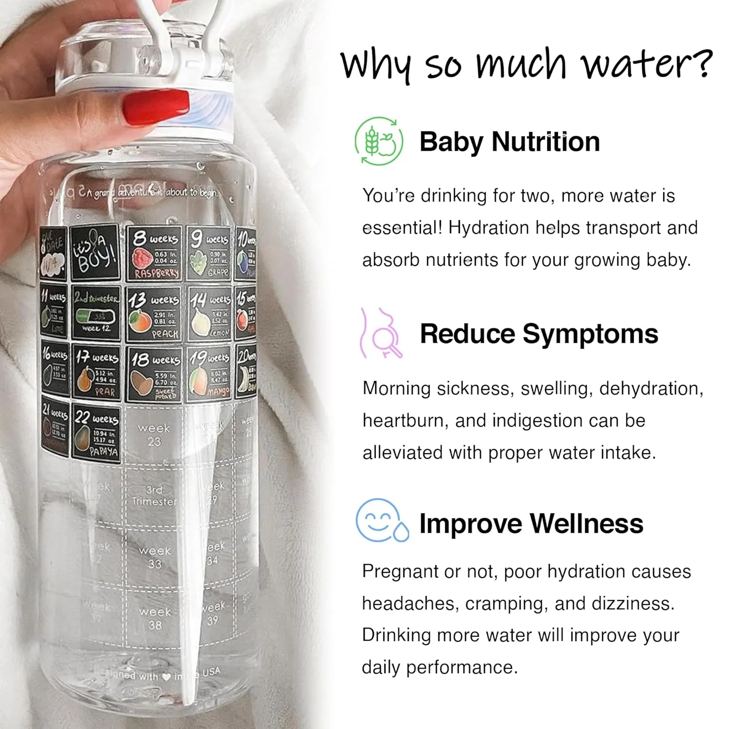 Water Bottle Tracker for Pregnancy – Must-Have First Trimester Essentials – Great Gifts for Expecting Moms – Nausea Relief – Weekly Stickers, Straw, BPA Free