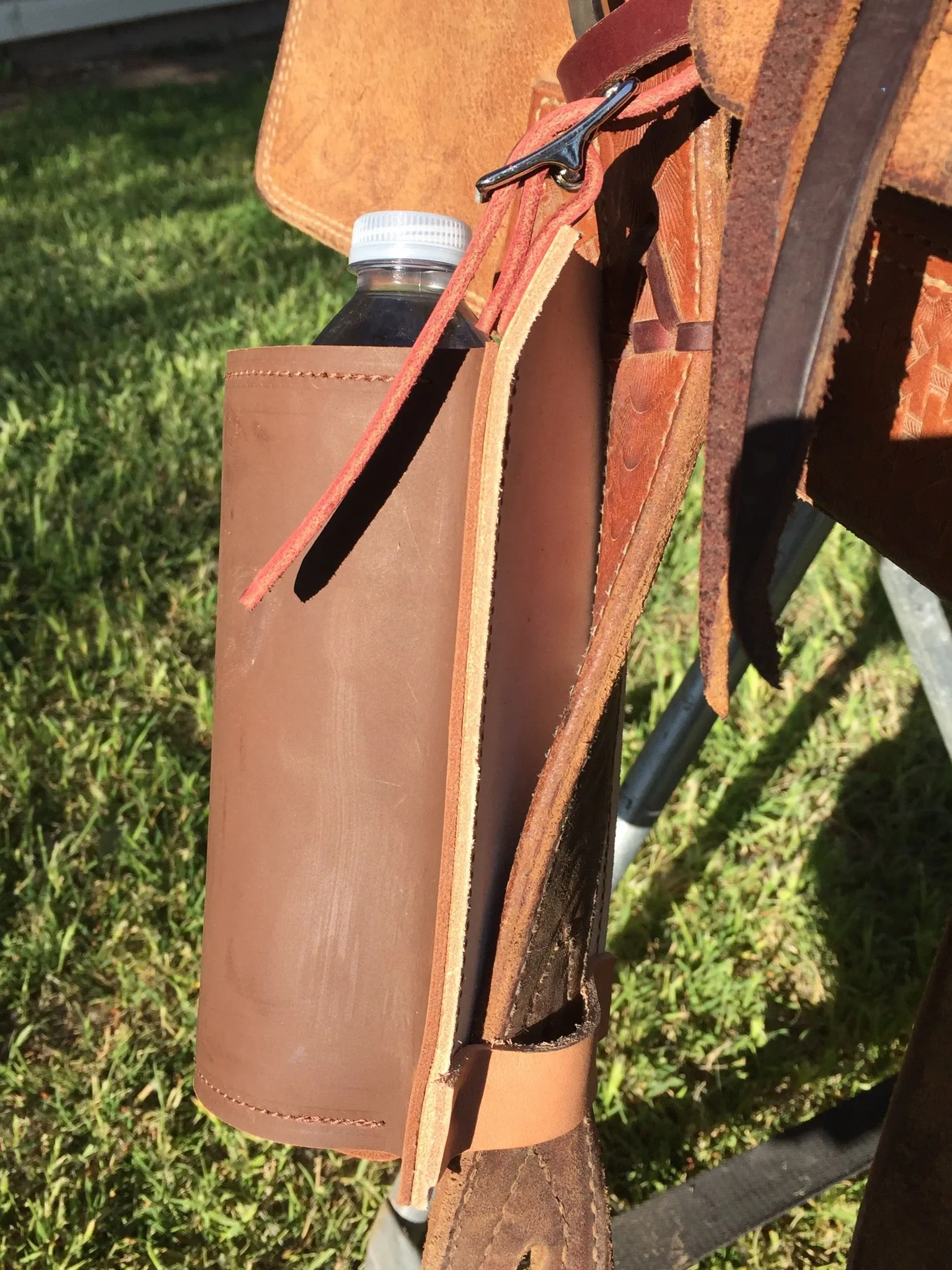 Water Hole-XL w/ Brass Spot Border: Premium Leather Saddle Bottle Holder