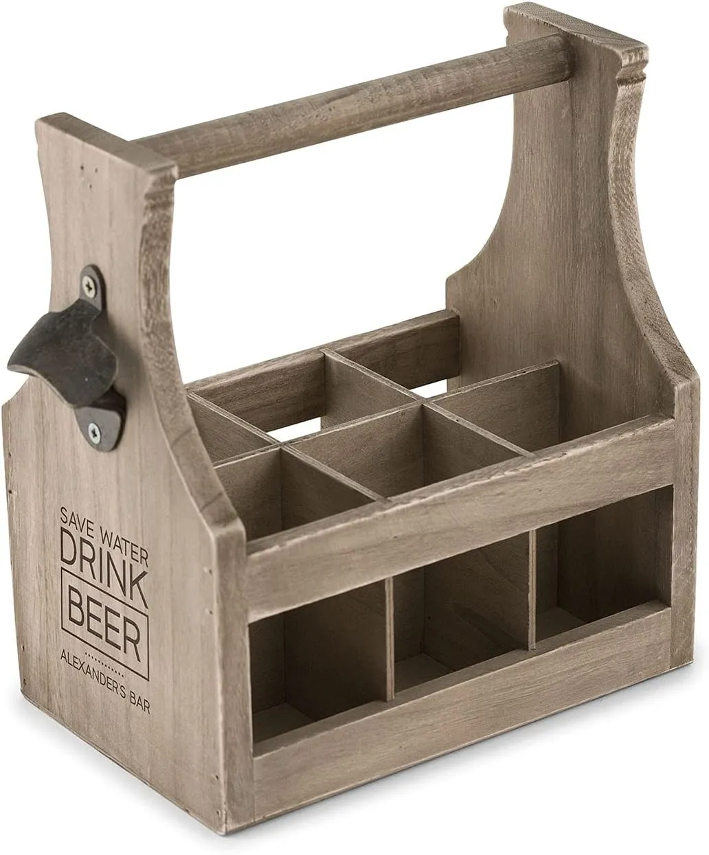 Weddingstar Custom Personalized Wooden Beer Bottle Caddy Holder with Metal Bottle Opener - Save Water Drink Beer