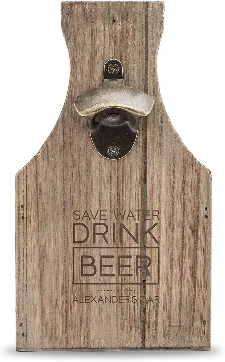 Weddingstar Custom Personalized Wooden Beer Bottle Caddy Holder with Metal Bottle Opener - Save Water Drink Beer