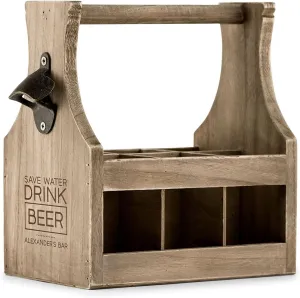 Weddingstar Custom Personalized Wooden Beer Bottle Caddy Holder with Metal Bottle Opener - Save Water Drink Beer