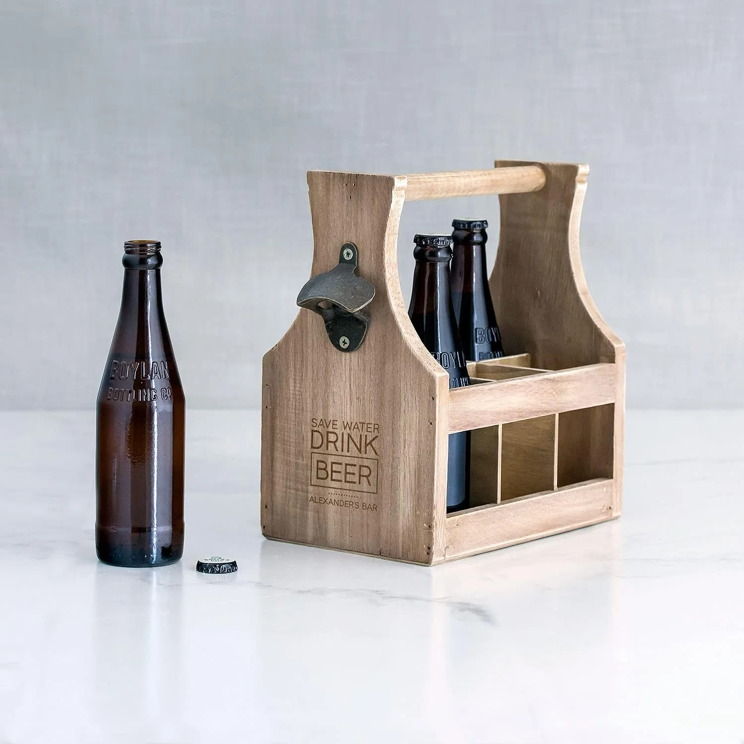 Weddingstar Custom Personalized Wooden Beer Bottle Caddy Holder with Metal Bottle Opener - Save Water Drink Beer