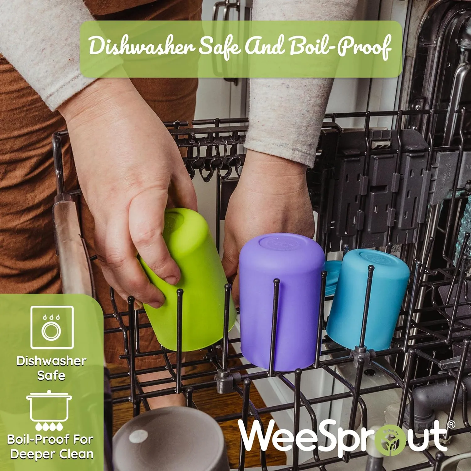 WeeSprout Silicone Baby Cups With Straws and Lids, 4 & 8 oz Options, Set of 2, Food Grade Toddler Training Container, Built In Straw Stoppers, Measurement Markings, Dishwasher Safe   Straw Cleaner