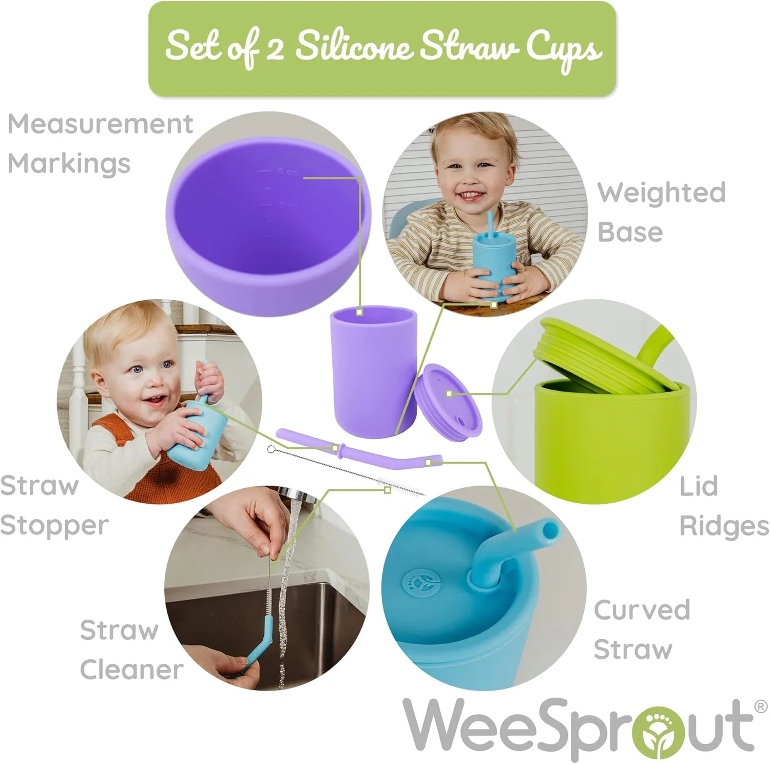 WeeSprout Silicone Baby Cups With Straws and Lids, 4 & 8 oz Options, Set of 2, Food Grade Toddler Training Container, Built In Straw Stoppers, Measurement Markings, Dishwasher Safe   Straw Cleaner