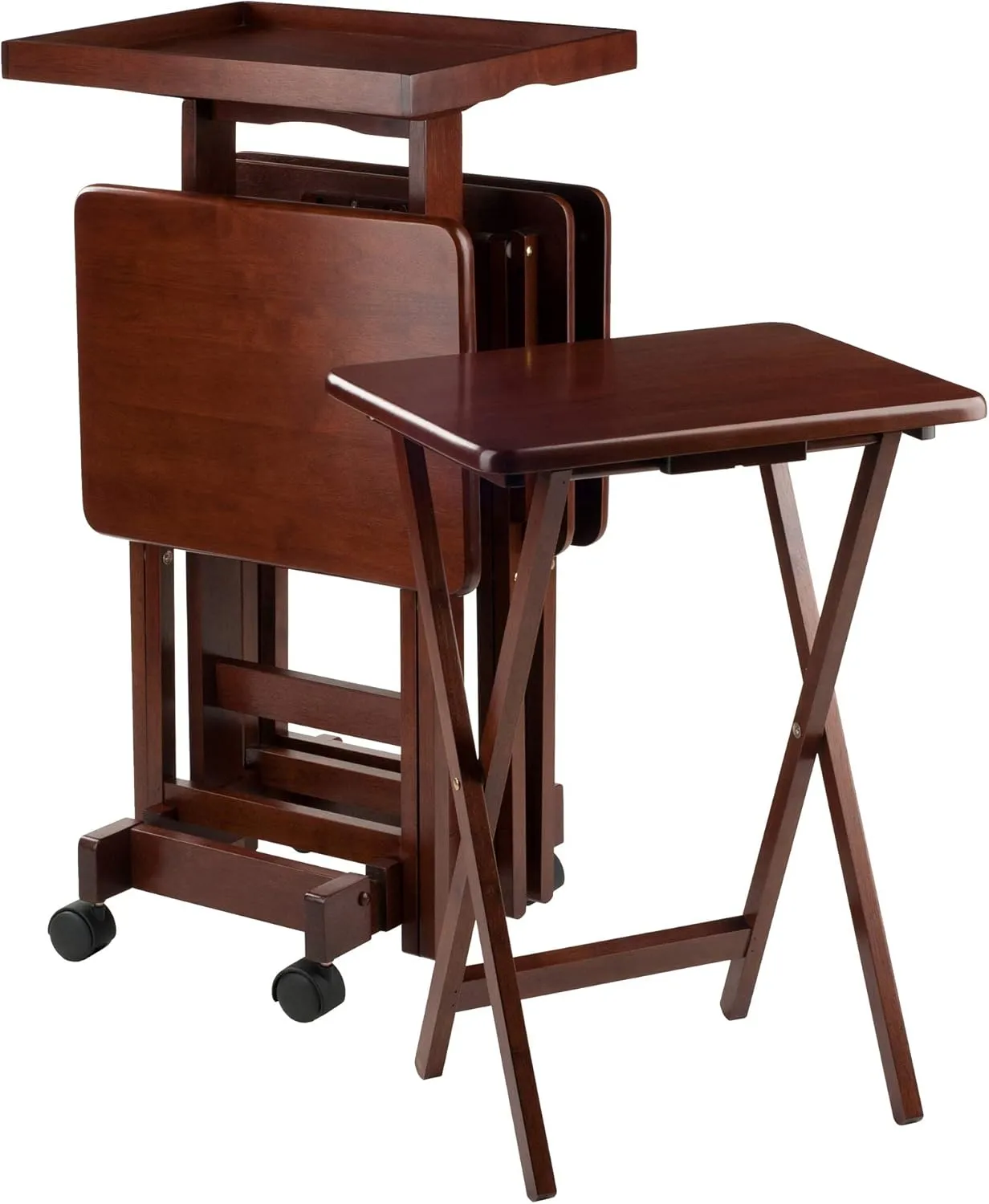 Winsome Isabelle Snack Table Set with Mobile Stand, for Living Room, Patio, 36", Walnut, Set of 4 Tables