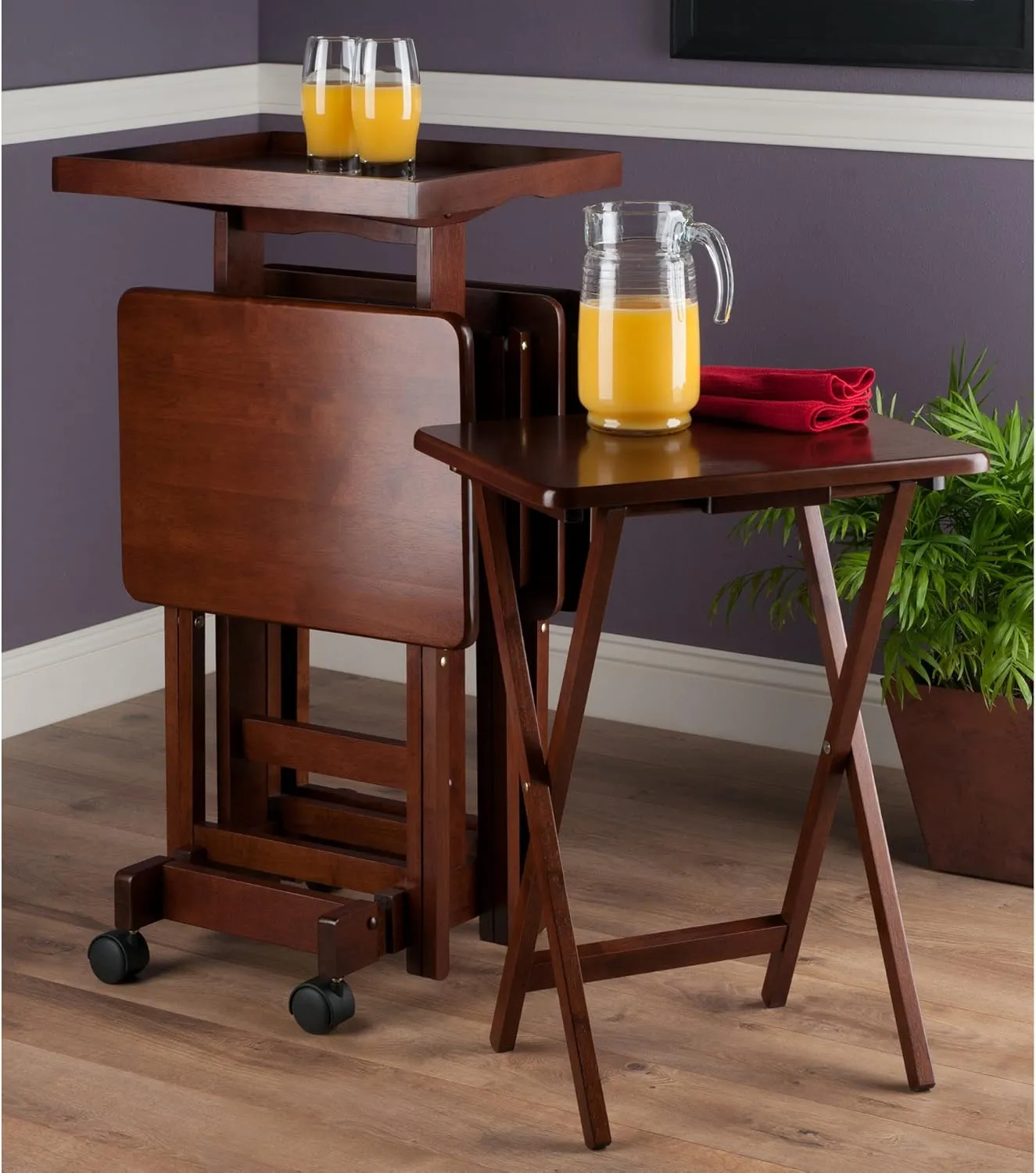 Winsome Isabelle Snack Table Set with Mobile Stand, for Living Room, Patio, 36", Walnut, Set of 4 Tables