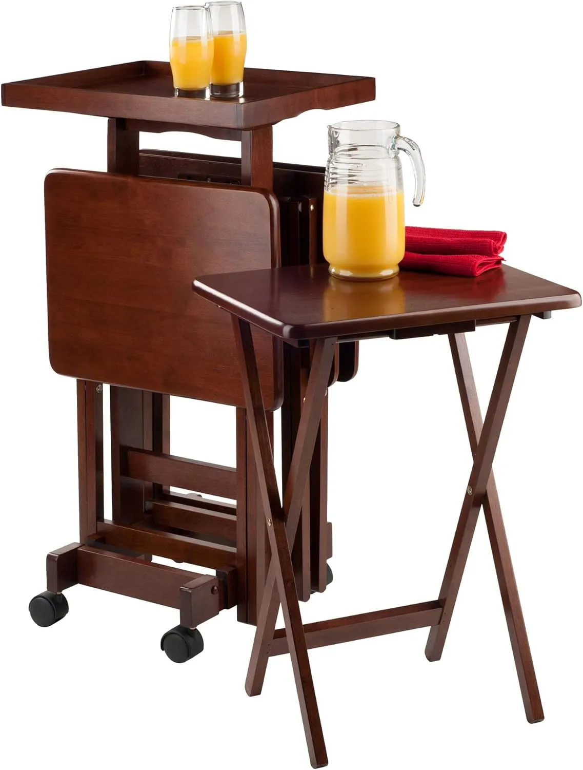 Winsome Isabelle Snack Table Set with Mobile Stand, for Living Room, Patio, 36", Walnut, Set of 4 Tables