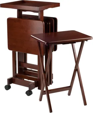Winsome Isabelle Snack Table Set with Mobile Stand, for Living Room, Patio, 36", Walnut, Set of 4 Tables