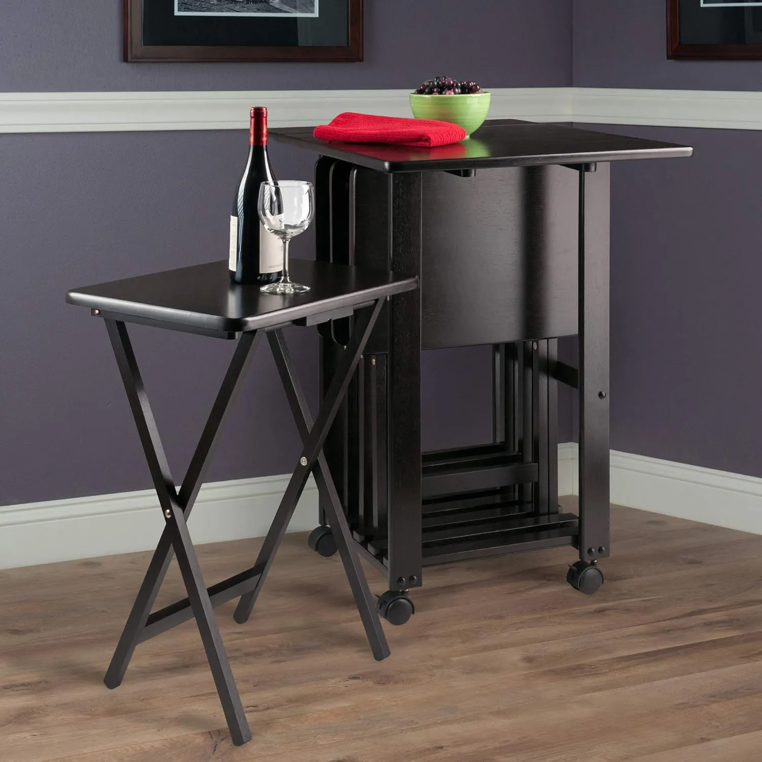 Winsome Sophia Snack Table Set with Drop Leaf Mobile Stand, for Living Room, Patio, 34", Coffee, Set of 4 Tables