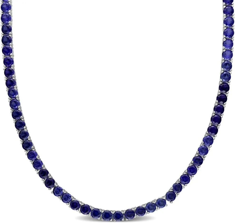 Women's Lab Created Blue Sapphire Tennis Necklace, Sterling Silver Setting, 18-inch Chain Length