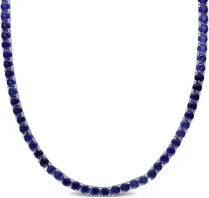 Women's Lab Created Blue Sapphire Tennis Necklace, Sterling Silver Setting, 18-inch Chain Length