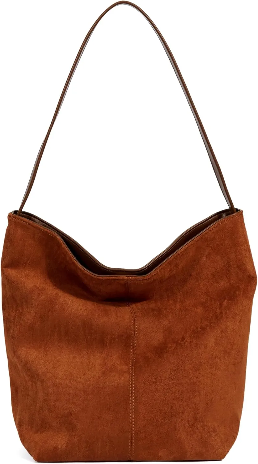 Women's Two-Sided Suede and Leather Tote Bag, Dual Material Bucket Shoulder Slouchy Hobo Handbag