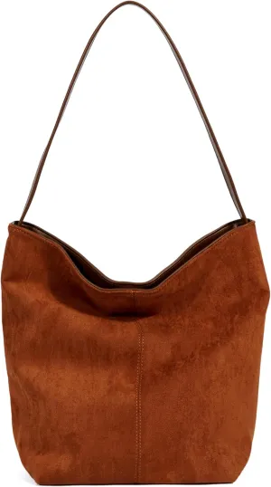 Women's Two-Sided Suede and Leather Tote Bag, Dual Material Bucket Shoulder Slouchy Hobo Handbag