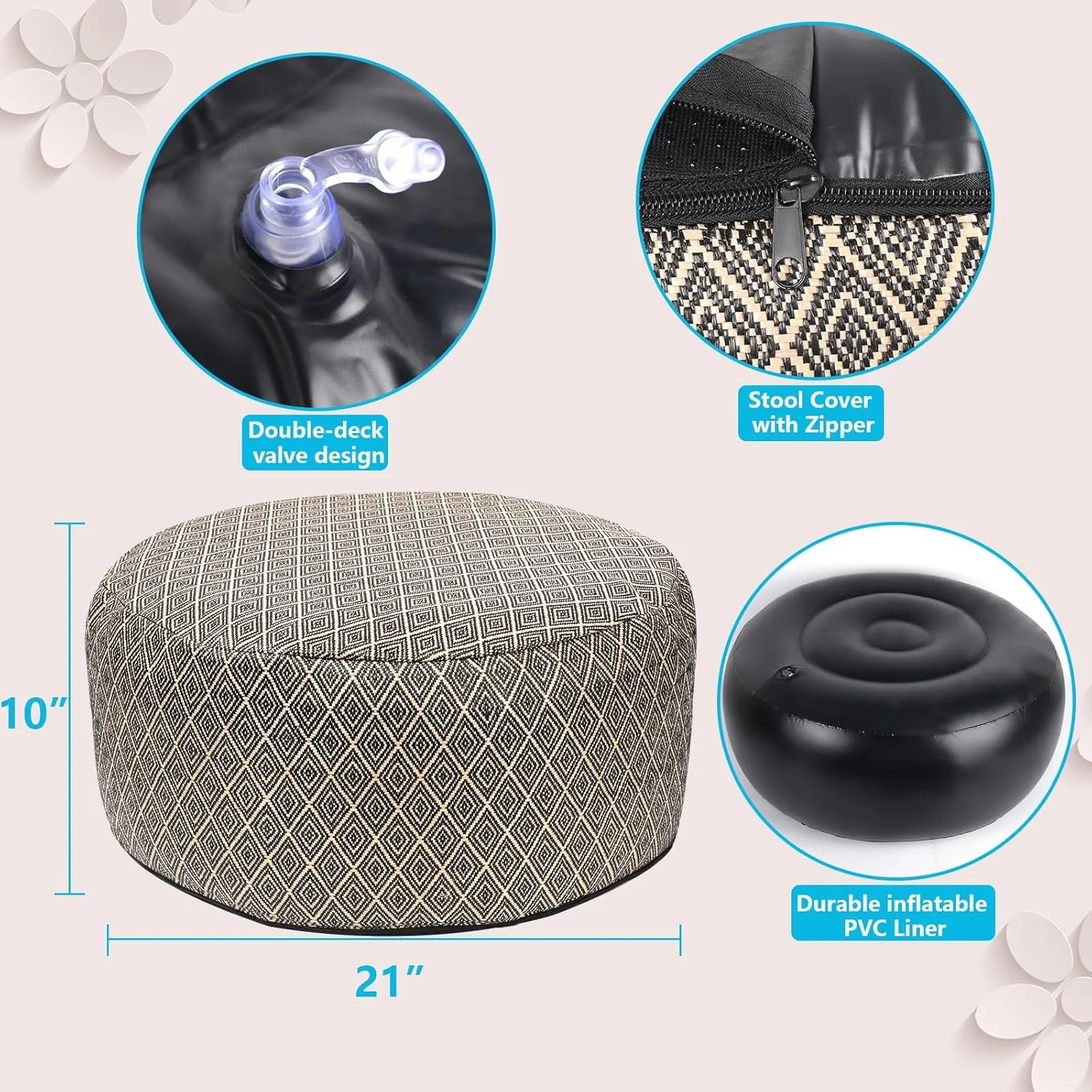 Woven Inflatable Ottoman D21”x H10” Outdoor Indoor Pouf Patio Footrest Stool with Portable Handle, Round Ottoman for Patio Garden, Camping, Bedroom, Living Room