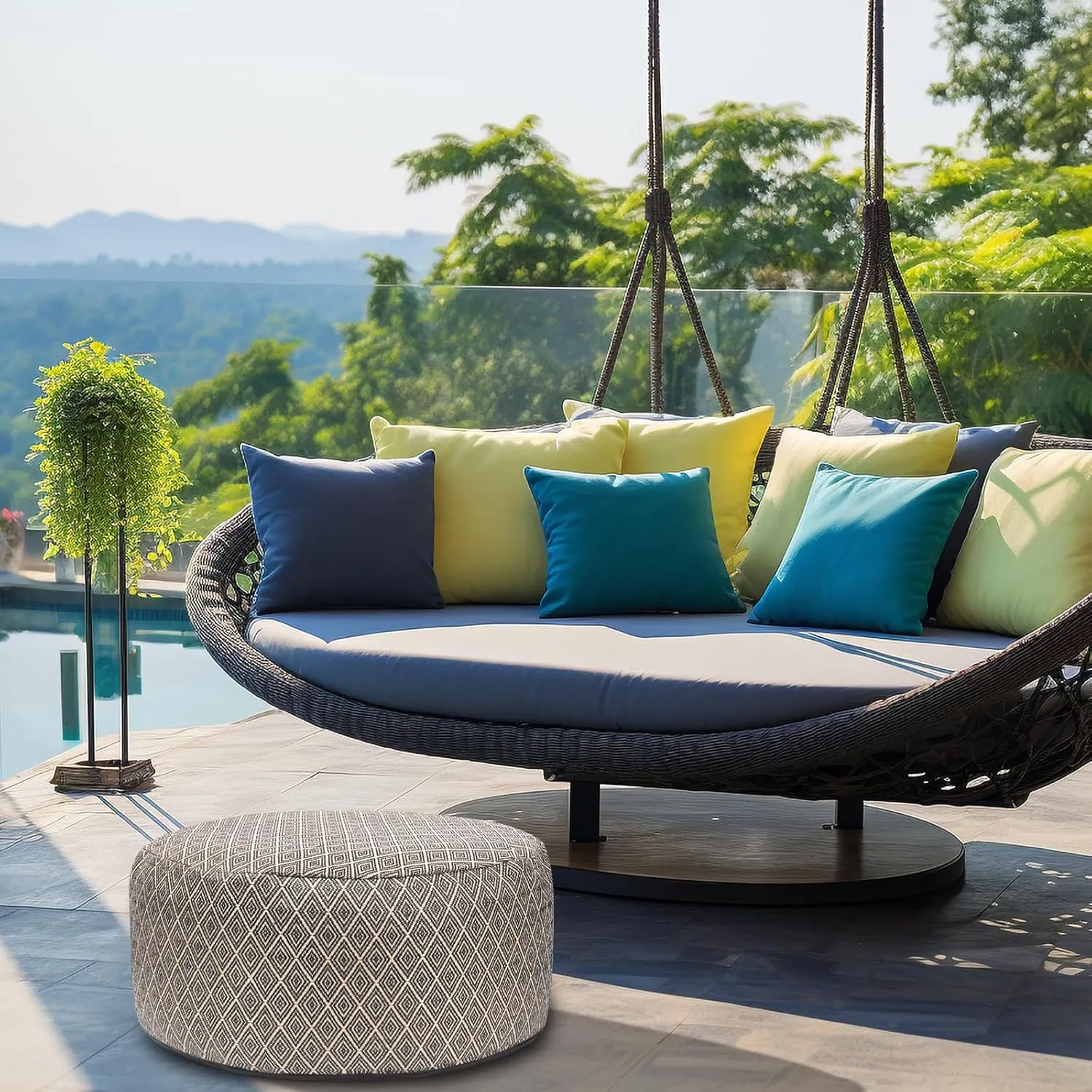 Woven Inflatable Ottoman D21”x H10” Outdoor Indoor Pouf Patio Footrest Stool with Portable Handle, Round Ottoman for Patio Garden, Camping, Bedroom, Living Room