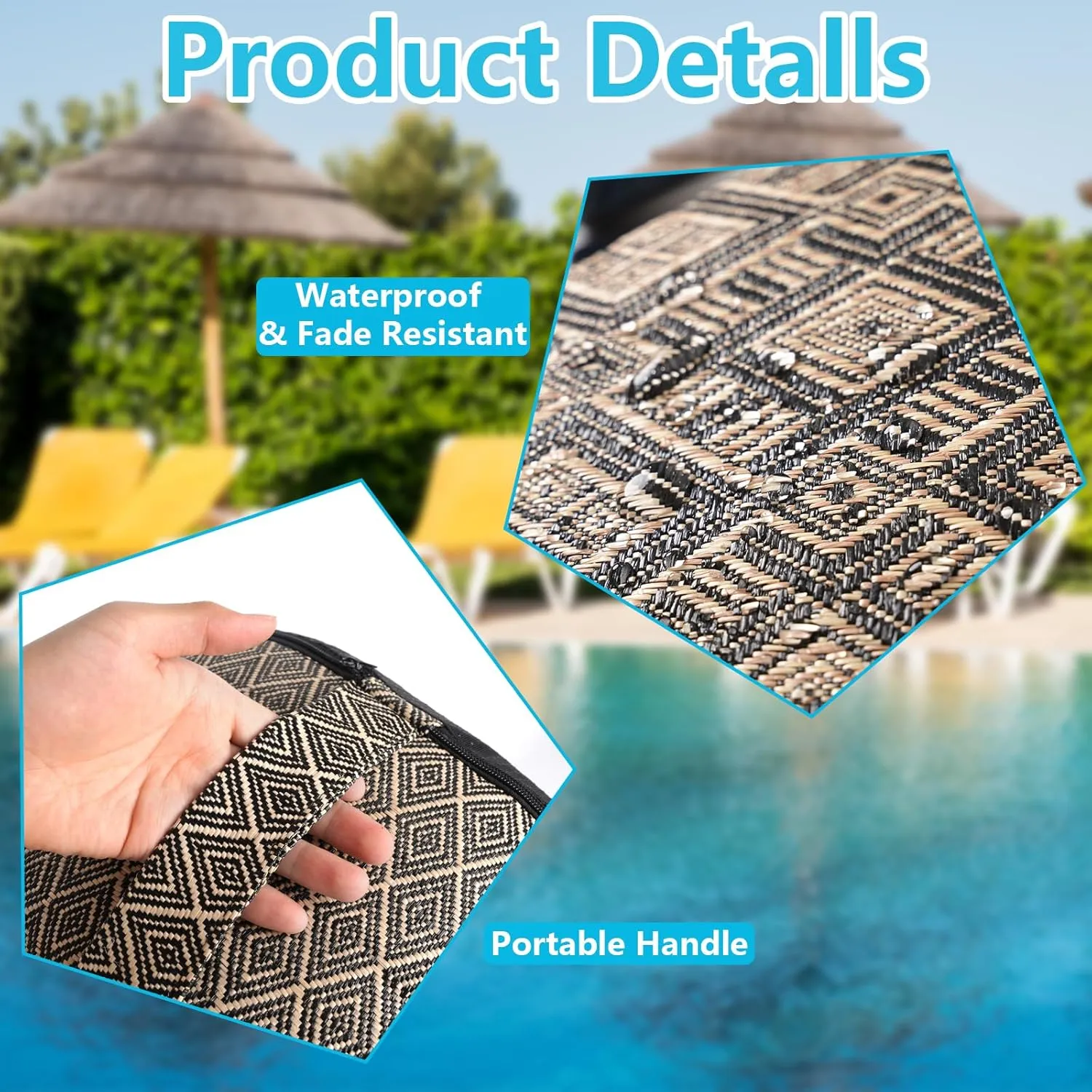 Woven Inflatable Ottoman D21”x H10” Outdoor Indoor Pouf Patio Footrest Stool with Portable Handle, Round Ottoman for Patio Garden, Camping, Bedroom, Living Room