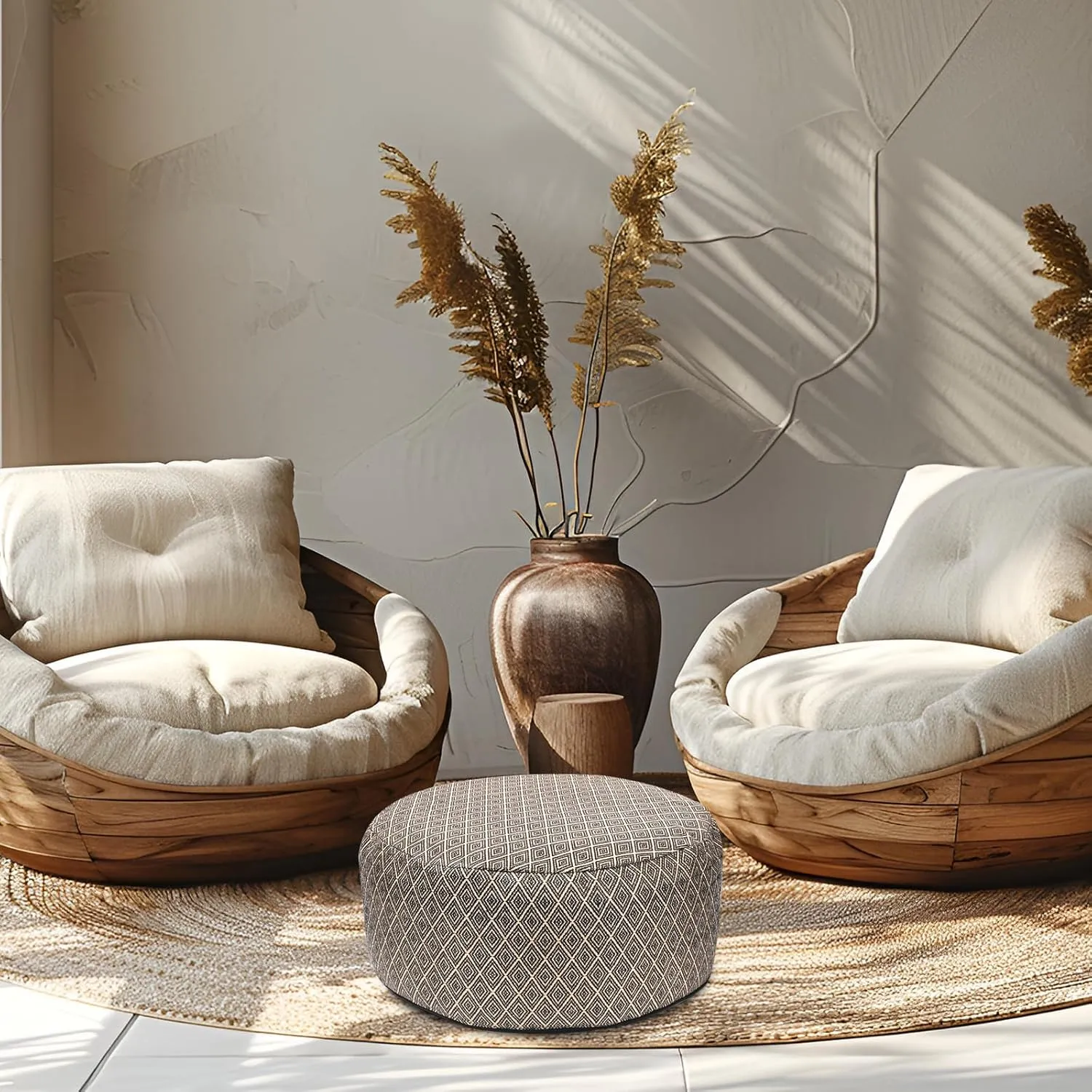 Woven Inflatable Ottoman D21”x H10” Outdoor Indoor Pouf Patio Footrest Stool with Portable Handle, Round Ottoman for Patio Garden, Camping, Bedroom, Living Room