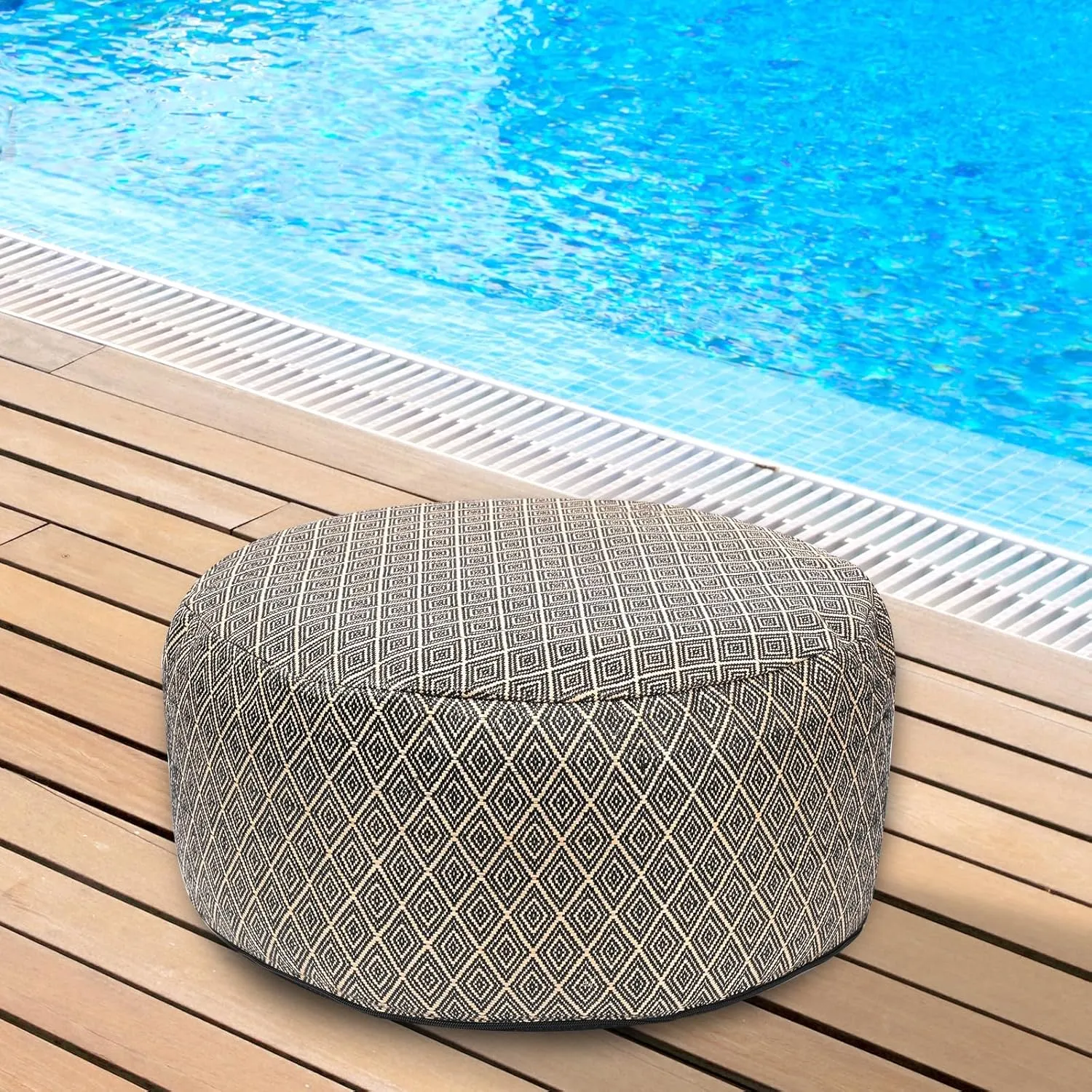 Woven Inflatable Ottoman D21”x H10” Outdoor Indoor Pouf Patio Footrest Stool with Portable Handle, Round Ottoman for Patio Garden, Camping, Bedroom, Living Room
