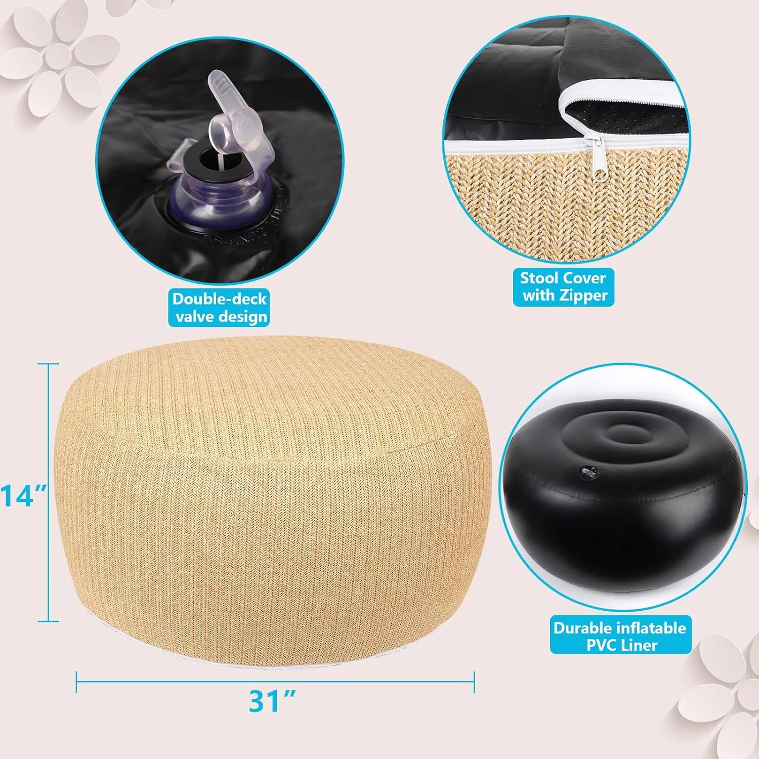 Woven Inflatable Ottoman, Fade-Resistant D31”x H14” Outdoor Indoor Pouf Patio Footrest Stool with Portable Handle, Round Ottoman for Patio Garden, Camping, Bedroom, Living Room