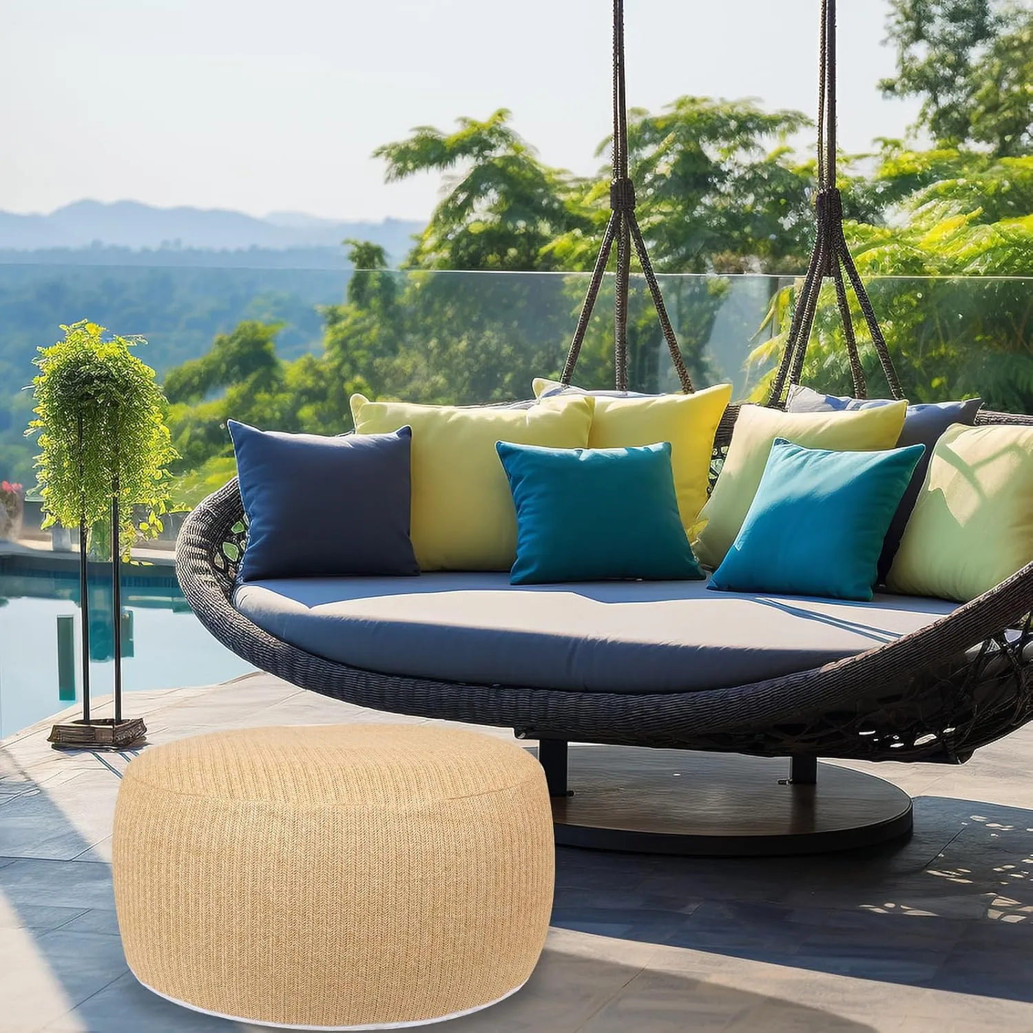 Woven Inflatable Ottoman, Fade-Resistant D31”x H14” Outdoor Indoor Pouf Patio Footrest Stool with Portable Handle, Round Ottoman for Patio Garden, Camping, Bedroom, Living Room
