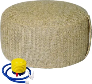 Woven Inflatable Ottoman with Air Pump D21”x H10” Outdoor Indoor Pouf Patio Footrest Stool with Portable Handle, Round Ottoman for Patio Garden, Camping, Bedroom, Living Room Natural Color