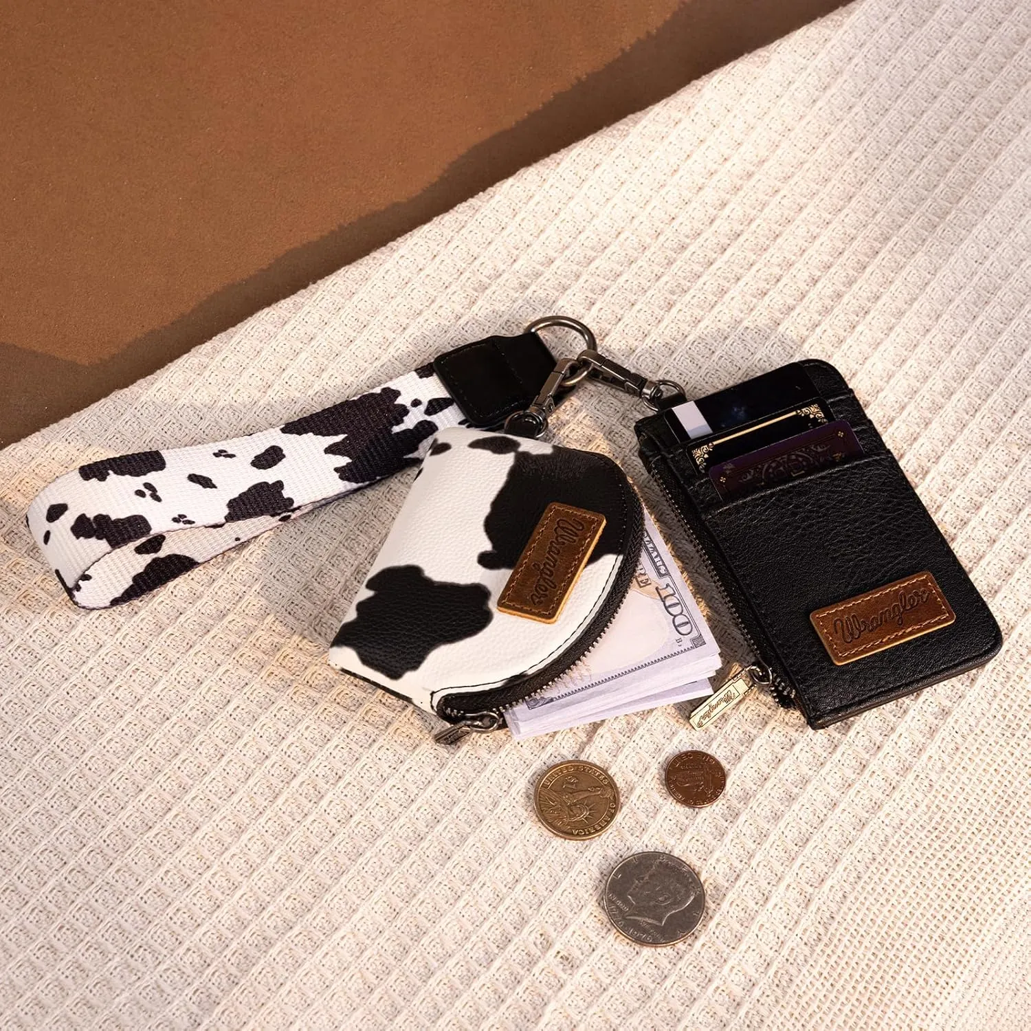 Wrangler KeyChain Wristlet Wallets for Women Western Dual Pouch Wristlet Embroidered Boot Scroll Card Holder Wallet With Zipper