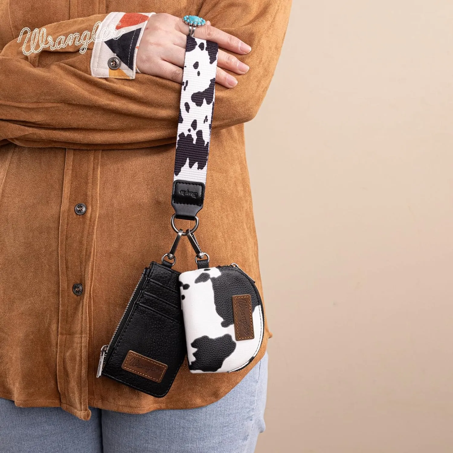 Wrangler KeyChain Wristlet Wallets for Women Western Dual Pouch Wristlet Embroidered Boot Scroll Card Holder Wallet With Zipper