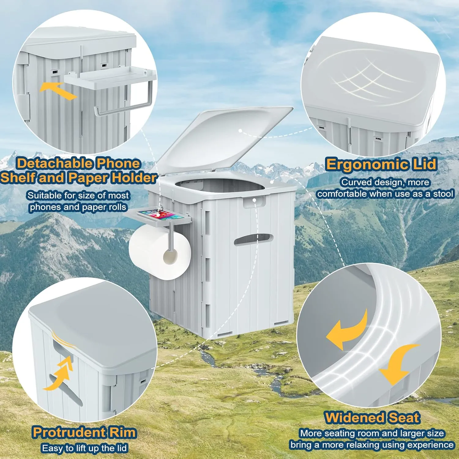 XL Portable Toilet for Adults, 15.4" H Foldable Camping Toilet with Detachable Phone Shelf and Toilet Paper Holder, Waterproof Porta Potty with Lid for Hiking, Long Road Trips, Car