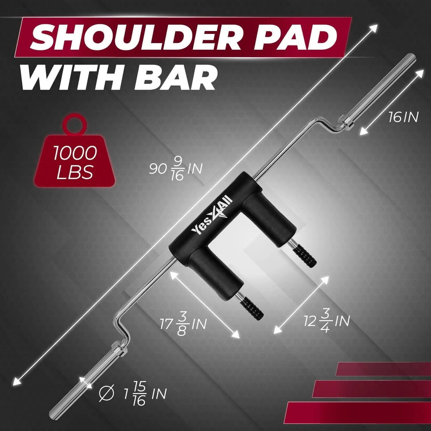 Yes4All Anti-Slip Squat Bar Attachment 1000LB, Squat Olympic Bar & Bar Pad with Comfortable Neck and Shoulder Pads, Extra Handle for Free Weights Strength Training, and Body Building