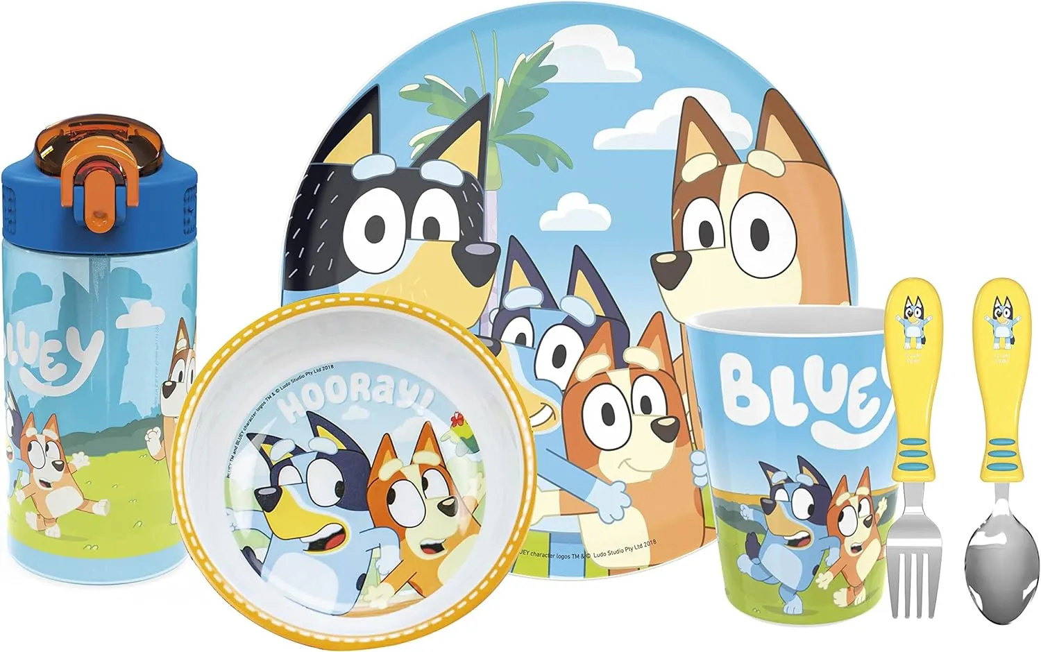 Zak Designs Bluey Kids Dinnerware Set Includes Plate, Bowl, Tumbler, Water Bottle, and Utensil Tableware, Made of Durable Material and Perfect for Kids (6 Piece Gift Set, Non-BPA)