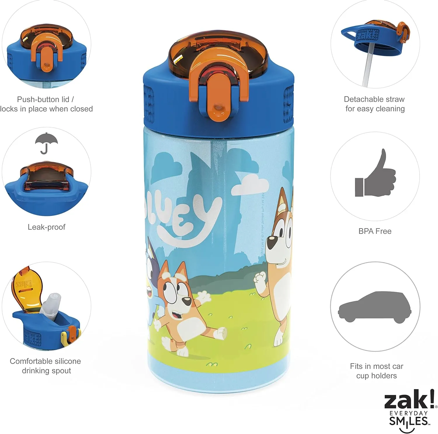Zak Designs Bluey Kids Dinnerware Set Includes Plate, Bowl, Tumbler, Water Bottle, and Utensil Tableware, Made of Durable Material and Perfect for Kids (6 Piece Gift Set, Non-BPA)