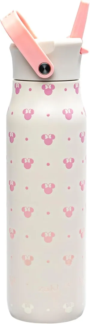 Zak Designs Disney Harmony Water Bottle for Travel or At Home, 32oz Stainless Steel is Leak-Proof When Closed and Vacuum Insulated with Straw Lid, Carry Handle, and 3D Artwork (Minnie Mouse)