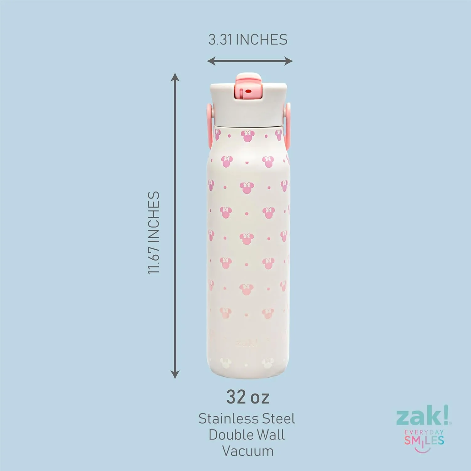 Zak Designs Disney Harmony Water Bottle for Travel or At Home, 32oz Stainless Steel is Leak-Proof When Closed and Vacuum Insulated with Straw Lid, Carry Handle, and 3D Artwork (Minnie Mouse)