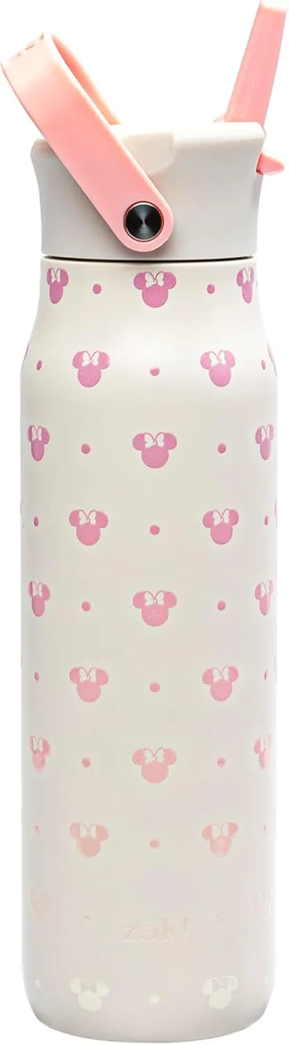 Zak Designs Disney Harmony Water Bottle for Travel or At Home, 32oz Stainless Steel is Leak-Proof When Closed and Vacuum Insulated with Straw Lid, Carry Handle, and 3D Artwork (Minnie Mouse)