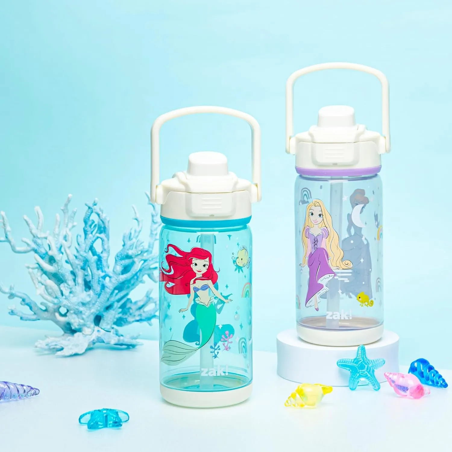 Zak Designs Disney Princess Kid Water Bottle 2-Pack Set, 16oz Plastic is Durable and Leak-Proof with Silicone Spout, Cover, Carry Handle, Protective Base (Ariel, Jasmine, Cinderella, Rapunzel)