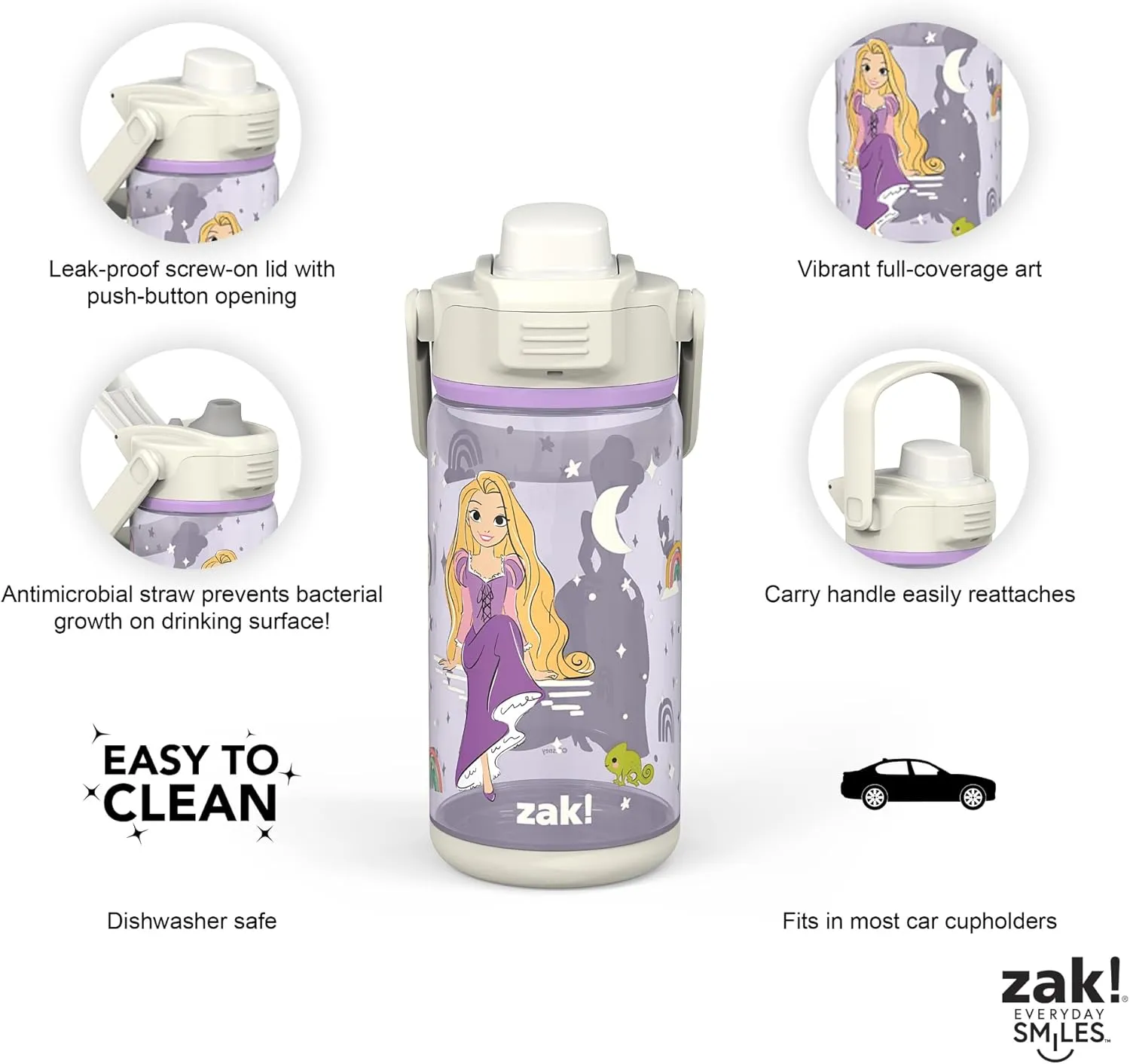Zak Designs Disney Princess Kid Water Bottle 2-Pack Set, 16oz Plastic is Durable and Leak-Proof with Silicone Spout, Cover, Carry Handle, Protective Base (Ariel, Jasmine, Cinderella, Rapunzel)