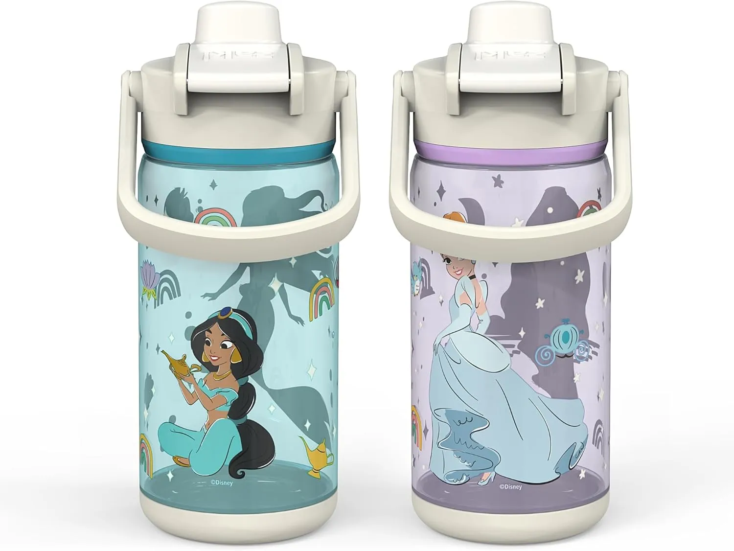 Zak Designs Disney Princess Kid Water Bottle 2-Pack Set, 16oz Plastic is Durable and Leak-Proof with Silicone Spout, Cover, Carry Handle, Protective Base (Ariel, Jasmine, Cinderella, Rapunzel)