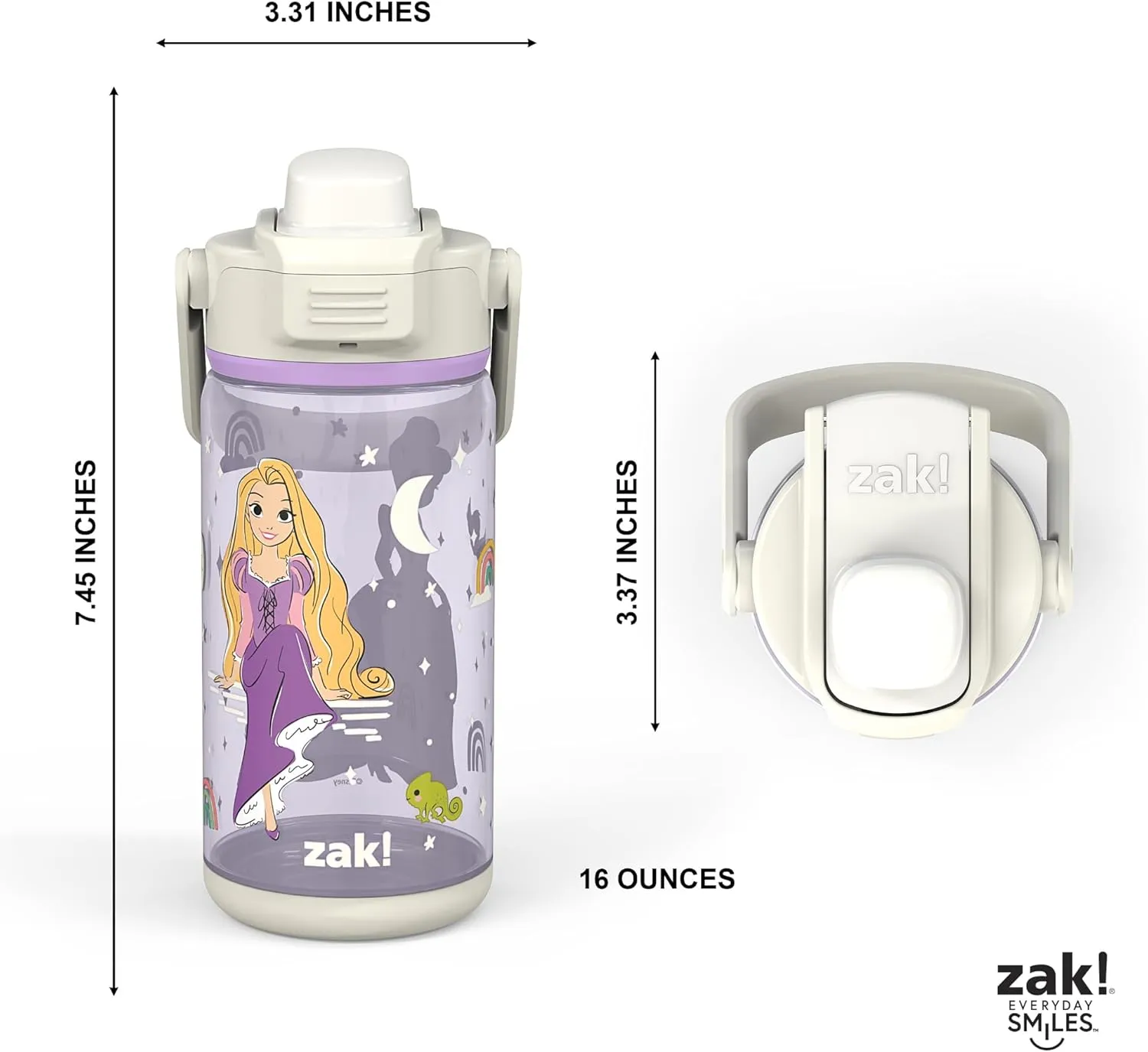 Zak Designs Disney Princess Kid Water Bottle 2-Pack Set, 16oz Plastic is Durable and Leak-Proof with Silicone Spout, Cover, Carry Handle, Protective Base (Ariel, Jasmine, Cinderella, Rapunzel)