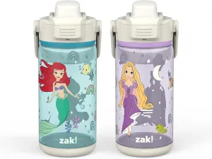 Zak Designs Disney Princess Kid Water Bottle 2-Pack Set, 16oz Plastic is Durable and Leak-Proof with Silicone Spout, Cover, Carry Handle, Protective Base (Ariel, Jasmine, Cinderella, Rapunzel)