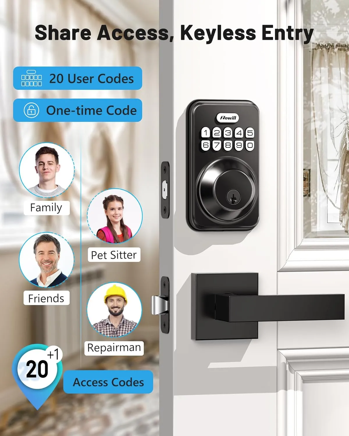 Zowill Keyless Entry Door Lock with 2 Lever Handles, Zowill Electronic Keypad Deadbolt, Auto-Locking, Anti-Peeping Password, Digital Code Door Lock, Front Door Handle Sets, Matte Black
