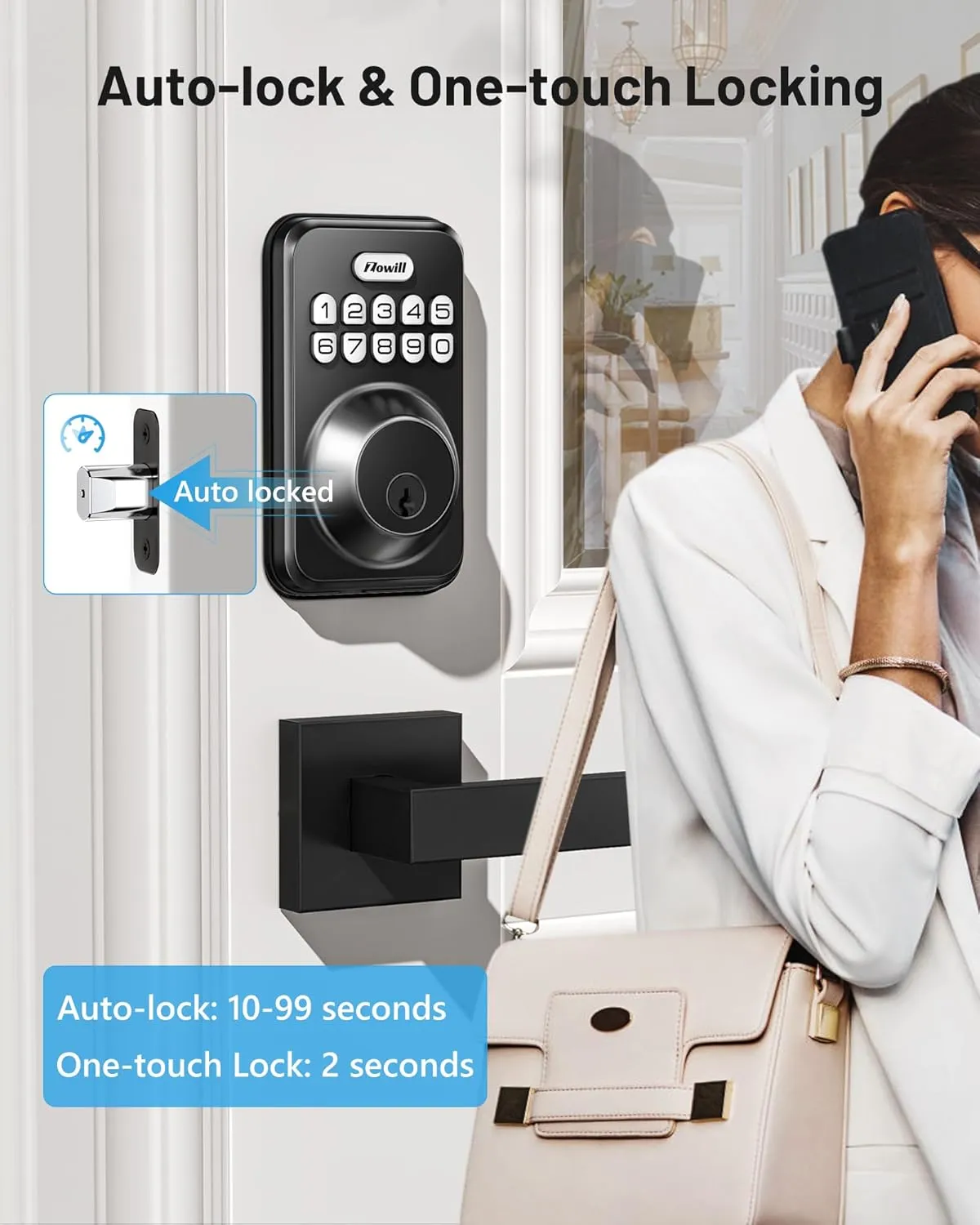 Zowill Keyless Entry Door Lock with 2 Lever Handles, Zowill Electronic Keypad Deadbolt, Auto-Locking, Anti-Peeping Password, Digital Code Door Lock, Front Door Handle Sets, Matte Black