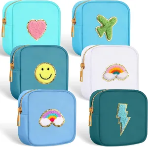 Zubebe 6 Pcs Preppy Patch Cute Makeup Bags Toiletry Bags Skincare Pouch Chenille Letter Nylon Bag for Purse Small Zipper Cosmetic Makeup Pouch Preppy Things for Travel(Stylish Color)